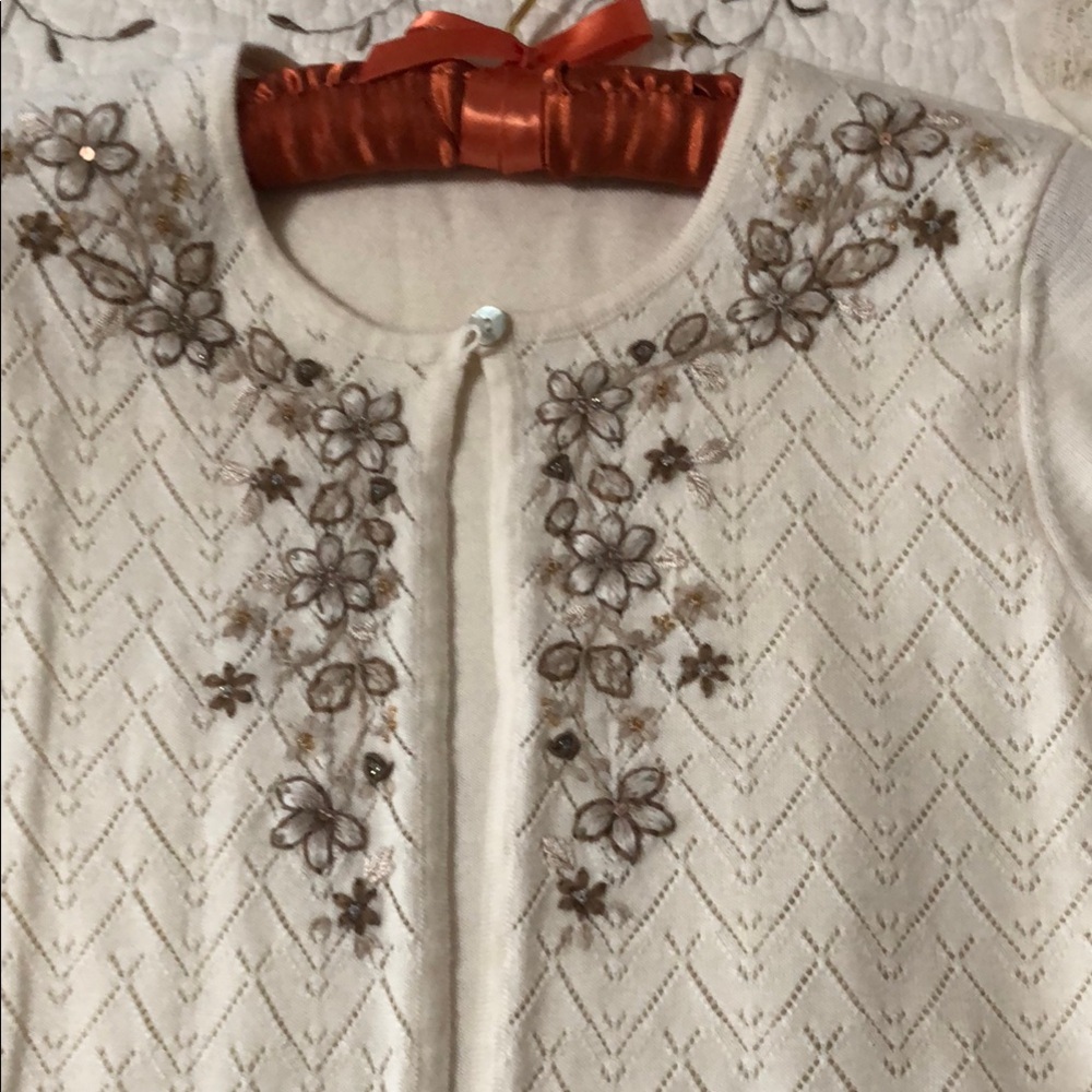 Cream Cardigan with Brown Floral Embroidery
